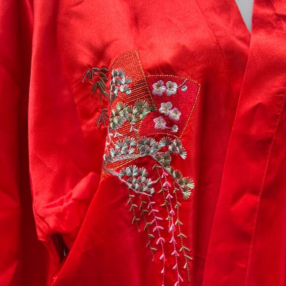 Vintage Red Satin Kimono Robe Embroidered Cranes Fans Floral Belted Long Gown - Picture 11 of 14